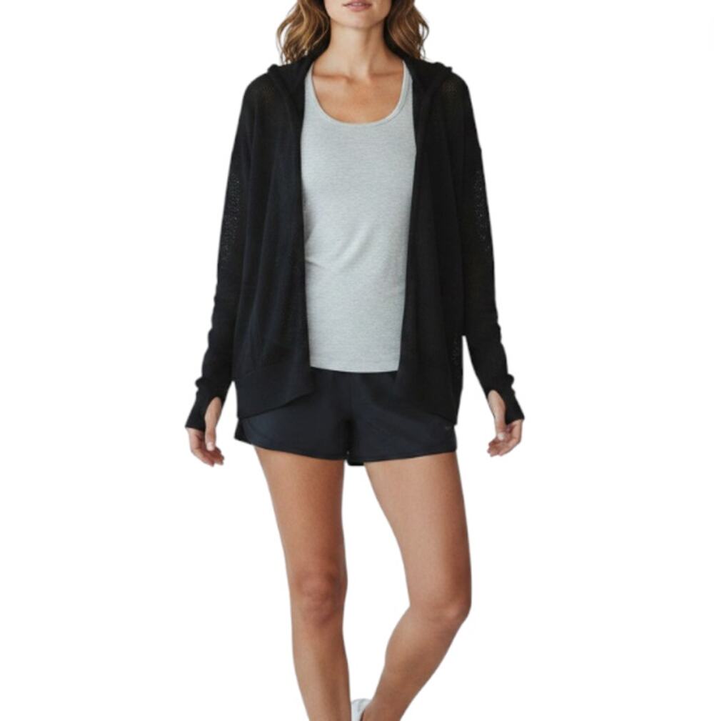 LULULEMON Still Movement Hooded Slit Back Mesh Wrap Cardigan Sz 10 Black Flowy